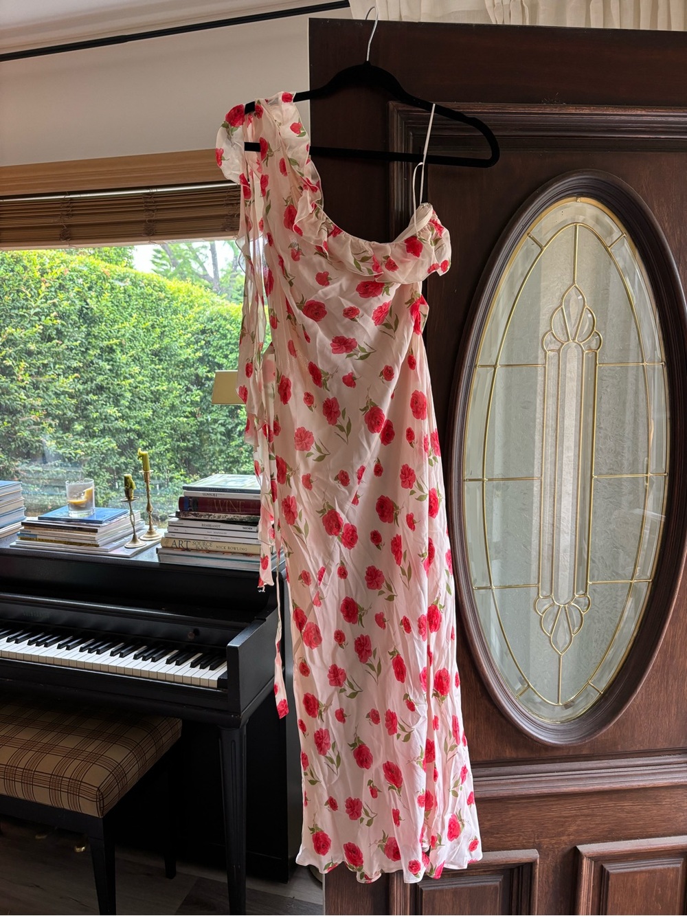 Pale pink MANGO Midi Dress with Red Floral Print with Shoulder Draping